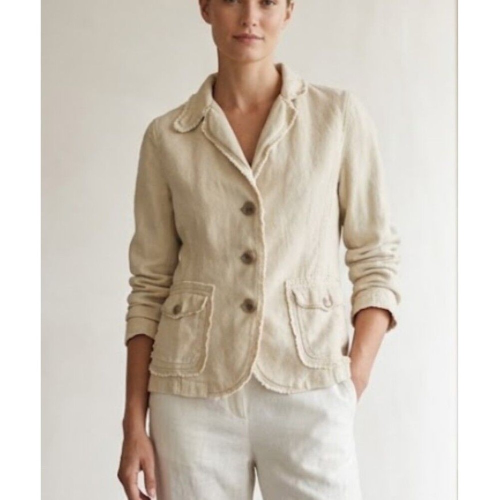 J Crew Size M 100% Linen Jacket Blazer Raw Edges Cream Tan Y2K Modern Heritage